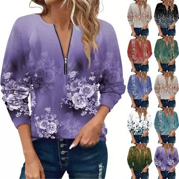 Женский повседневный свитер с длинным рукавом, на молнии, с принтом цветов, свитшот, повседневная верхняя одежда на осень L белый