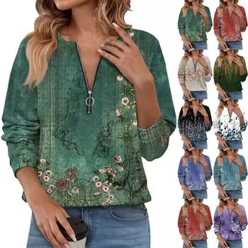 Женский повседневный свитер с длинным рукавом, на молнии, с принтом цветов, свитшот, повседневная верхняя одежда на осень XXL