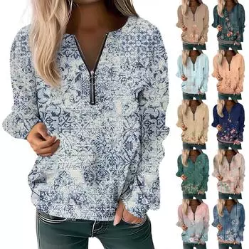 Женский повседневный свитер с длинным рукавом, на молнии, с принтом цветов, свитшот, повседневная верхняя одежда на осень L синий