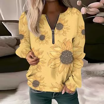 Женский повседневный свитер с длинным рукавом, на молнии, с принтом цветов, свитшот, повседневная верхняя одежда на осень XL оранжевый