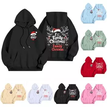 Женский повседневный свитер с длинным рукавом, рождественский принт, капюшон, толстовка с карманами XXL чёрный