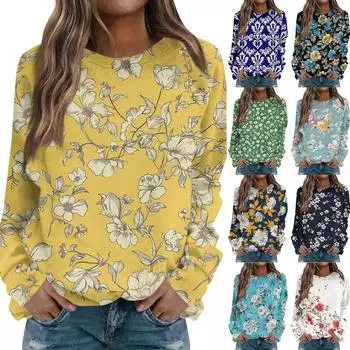 Женский повседневный свитер с длинными рукавами и цветочным принтом в стиле ретро с круглым вырезом и реглановым топом L синий