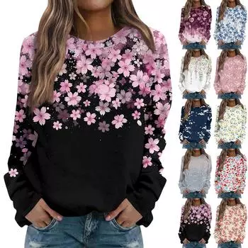 Женский повседневный свитер с длинными рукавами и цветочным принтом в стиле ретро с круглым вырезом и реглановым топом L синий