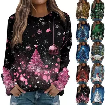 Женский повседневный свитер с длинными рукавами и круглым вырезом с принтом и реглановым топом на Рождество L синий