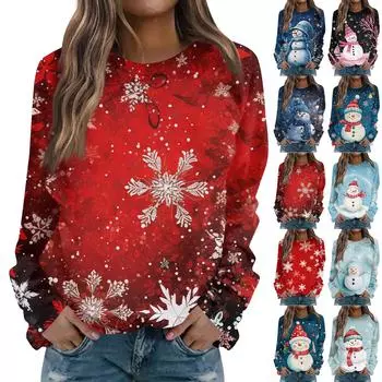 Женский повседневный свитер с длинными рукавами и круглым вырезом с принтом и реглановым топом на Рождество L бежевый