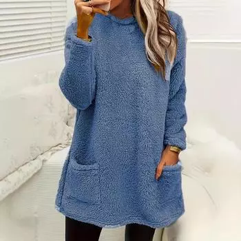 Женский повседневный свитер с длинными рукавами и карманами из плюша 2024 года, коллекция осень/зима XL светло-синий