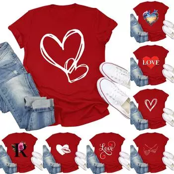 Женский повседневный свитер с короткими рукавами и круглым вырезом с принтом ко Дню святого Валентина XXXL красный