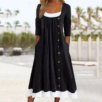 Женский повседневный свитер с круглым вырезом и длинными рукавами, платье с оборками и пуговицами, платье с длинными рукавами L чёрный