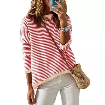 Женский повседневный свитер с круглым вырезом и контрастными полосками и длинными рукавами S