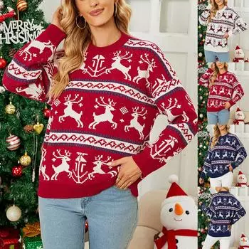 Женский повседневный свитер с круглым вырезом и длинным рукавом с рождественским принтом M тёмно-синий