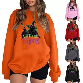 Женский повседневный свитер с круглым вырезом и длинными рукавами, топ с принтом на Хэллоуин, толстовка с длинными рукавами L шафрановый