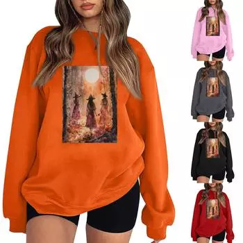Женский повседневный свитер с круглым вырезом и длинными рукавами, топ с принтом на Хэллоуин, толстовка с длинными рукавами XL оранжевый