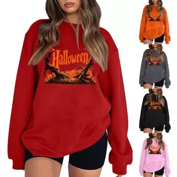 Женский повседневный свитер с круглым вырезом и длинными рукавами, топ с принтом на Хэллоуин, толстовка с длинными рукавами L чёрный