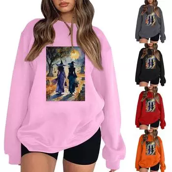 Женский повседневный свитер с круглым вырезом и длинными рукавами, топ с принтом на Хэллоуин, толстовка с длинными рукавами XXL розовый