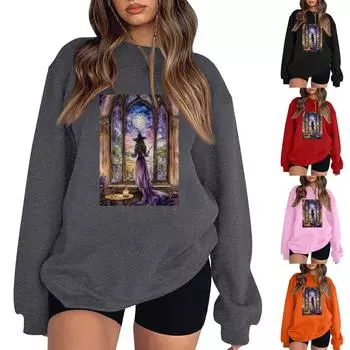 Женский повседневный свитер с круглым вырезом и длинными рукавами, топ с принтом на Хэллоуин, толстовка с длинными рукавами L розовый