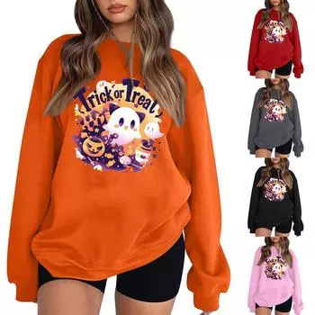 Женский повседневный свитер с круглым вырезом и длинными рукавами, топ с принтом на Хэллоуин, толстовка с длинными рукавами M красный