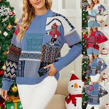 Женский повседневный свитер с круглым вырезом и длинным рукавом с рождественским принтом S бежевый