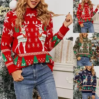 Женский повседневный свитер с круглым вырезом и длинным рукавом с рождественским принтом M красный