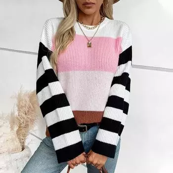 Женский повседневный свитер с круглым вырезом, осенне-зимний свободный джемпер с длинным рукавом в рубчик, свободный свитер в полоску с высоким воротом для женщин S розовый
