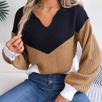 Женский повседневный свитер с лацканами контрастного цвета, вязаный пуловер с длинными рукавами, топ S хаки
