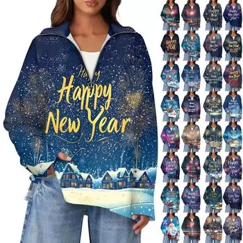 Женский повседневный свитер с отворотом на молнии и рождественским принтом, с разрезом сверху и сбоку, модная одежда S