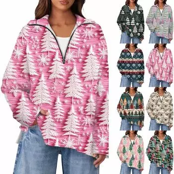 Женский повседневный свитер с полумолнией и лацканами со снежинками и разрезом сверху по бокам, модная одежда XXL