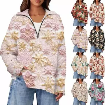 Женский повседневный свитер с полумолнией и лацканами со снежинками и разрезом сверху по бокам, модная одежда XL