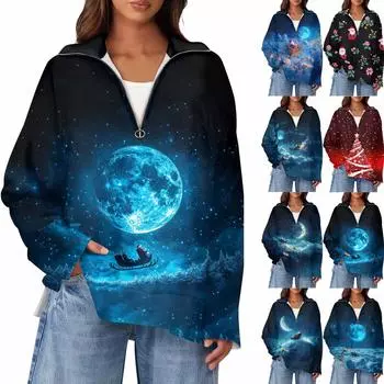 Женский повседневный свитер с полумолнией и лацканами со снежинками и разрезом сверху по бокам, модная одежда M