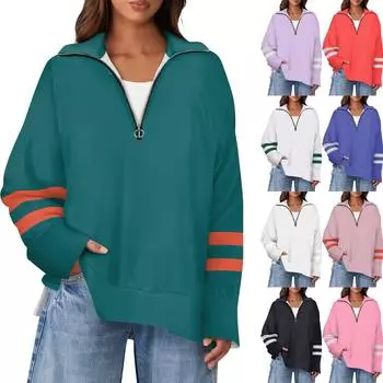 Женский повседневный свитер с полумолнией и лацканами в полоску с принтом и разрезом сверху по бокам, модная одежда M