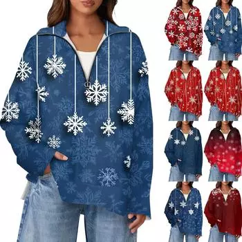 Женский повседневный свитер с полумолнией и лацканами со снежинками и разрезом сверху по бокам, модная одежда XXL