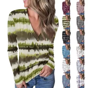 Женский повседневный свитер с V-образным вырезом и полосатым принтом на пуговицах M зелёный