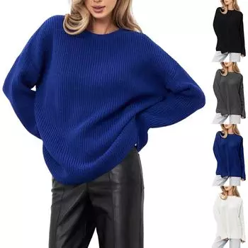 Женский повседневный свитер свободного размера с круглым вырезом, однотонный внутренний свитер, топ-пуловер, осень-зима L чёрный