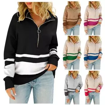 Женский повседневный свитер в полоску с длинными рукавами больших размеров, пуловер, вязаный свитер на молнии S горячий розовый