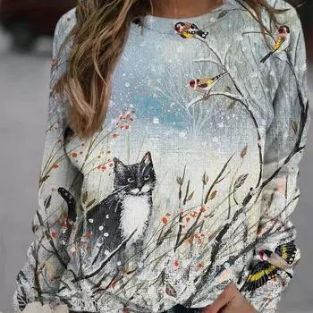 Женский повседневный свитшот с 3D-принтом — «Сова с луной и снежными ветвями», с длинным рукавом, круглый вырез, разноцветный S