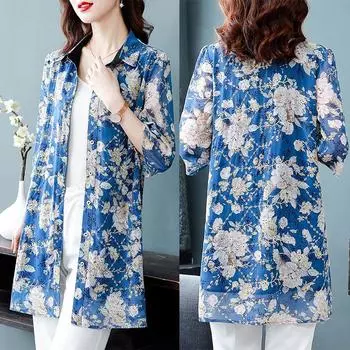 Женский повседневный свободный кардиган на пуговицах с принтом, элегантная блузка средней длины, летняя рубашка с воротником-поло и коротким рукавом M