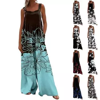 Женский повседневный свободный комбинезон без рукавов с принтом и широкими штанинами с карманами L чёрный