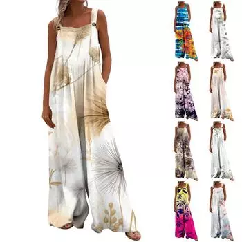 Женский повседневный свободный комбинезон без рукавов с принтом и широкими штанинами с карманами L чёрный