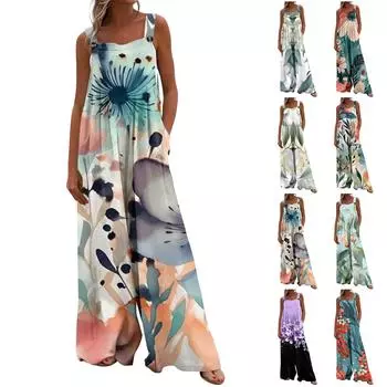 Женский повседневный свободный комбинезон без рукавов с принтом и широкими штанинами с карманами L