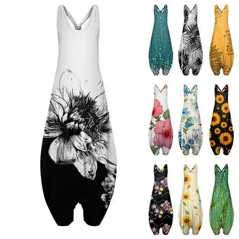 Женский повседневный свободный комбинезон большого размера без рукавов с открытой спиной и принтом L