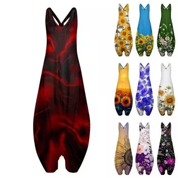 Женский повседневный свободный комбинезон большого размера без рукавов с открытой спиной и принтом L синий