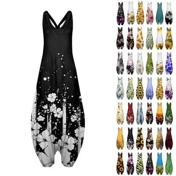 Женский повседневный свободный комбинезон большого размера без рукавов с открытой спиной и принтом L чёрный