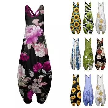 Женский повседневный свободный комбинезон большого размера без рукавов с открытой спиной и принтом L