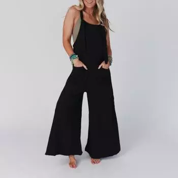 Женский повседневный свободный комбинезон с брюками-карго без рукавов, широкий брючный комбинезон с карманами L чёрный