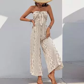 Женский повседневный свободный комбинезон с принтом, без бретелек, без рукавов и широкими брюками L бежевый