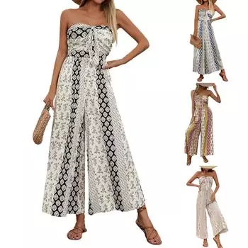 Женский повседневный свободный комбинезон с принтом, без бретелек, без рукавов и широкими брюками L бежевый