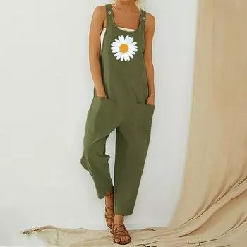 Женский повседневный свободный комбинезон с принтом, модный пляжный без рукавов, тонкие подтяжки M зелёный