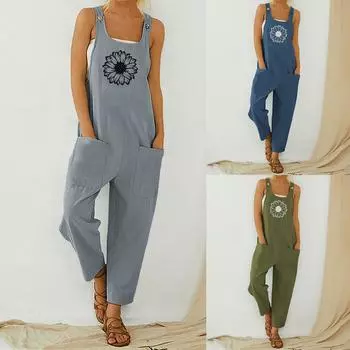 Женский повседневный свободный комбинезон с принтом, модный пляжный без рукавов, тонкие подтяжки M зелёный