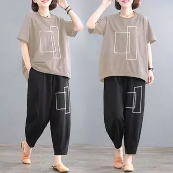 Женский повседневный свободный комплект больших размеров с принтом L жёлтый