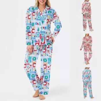 Женский повседневный свободный комплект для сна с длинными рукавами и принтом L красный