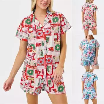 Женский повседневный свободный комплект для сна с принтом и короткими рукавами L красный